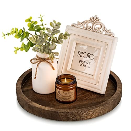 Image of Hanobe Round Wood Tray Candle: Rustic Decorative Candle Holder Wooden Whitewash Pillar Stand Farmhouse Tea Light Plate Base for Living Room Coffee Table Centerpiece for Kitchen Counter Decor