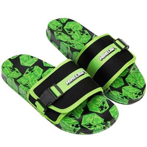 Image of Get Trend Minecraft Sliders for Boys UK Size 10-6, Adjustable Creeper Slides, Indoor Outdoor Slip-on Kids Summer Sandals for Gamers (11/12 UK, Green Minecraft)