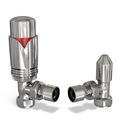Image of UK Radiators Chrome Thermostatic Radiator Valve and Chrome Lockshield Valve - Chrome Classy and Modern Design 1/2" x 15mm Angled Radiator Valve