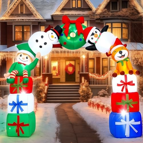 Image of Leyndo 8FT Christmas Inflatable Arch Archway Outdoor Decoration with LED Lights Inflatable Elk Penguin Snowman Sitting on Gift Boxes Christmas Arch Blow up Yard Decor for Xmas Lawn Yard Garden Outside
