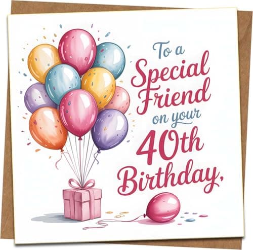 Image of 40th Birthday Card for Special Friend – Balloons & Gift Design, 145mm x 145mm Square Greeting Card with Kraft Envelope