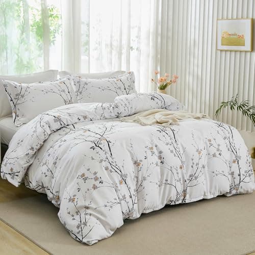 Image of Floral White Bedding Set 3 Pieces Tree Branch and Plum Flower Printed Duvet Cover Set with 2 Pillowcases Botanical Soft Microfiber Duvet Cover Set for All Season Double Size 200x200 cm