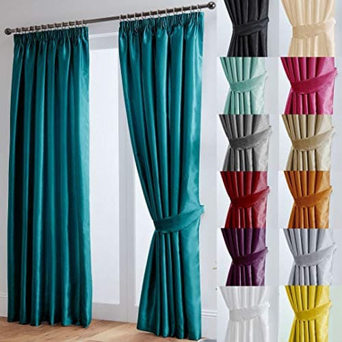 Image of John Aird Luxury Faux Silk Fully Lined Pencil Pleat Curtains With Matching Tie Backs (Teal, 229cm Width x 229cm Drop (90"x 90")