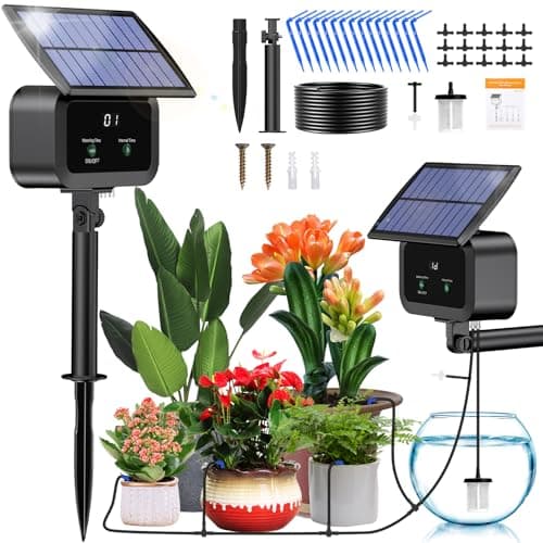 Image of Onherm Solar Irrigation System 2025 Automatic Watering System Garden, Drip Irrigation System with Timer and 15 m Hose for Garden, Balcony Plants, Outdoor Pot Plants