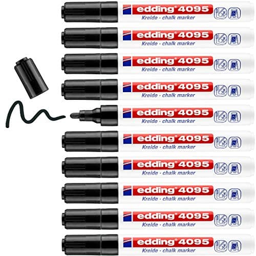 Image of edding 4095 chalk marker - black - 10 chalk pens - round tip 2-3 mm - medium-tipped wet wipe pen for chalkboards, windows, glass, mirrors - liquid chalk marker pens for opaque coverage