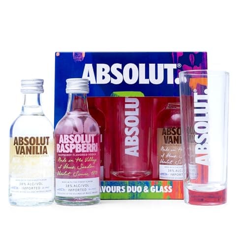Image of Absolut Flavoured Vodka Duo & Glass Set, 1x 50ml Vanilla, 1x5cl Raspberry, Alcohol Miniatures with Mini Shots Glass - Birthday Vodka Gift Set for Men and Women