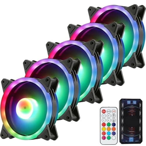 Image of 5 x 120mm Dual-Ring RGB Case Fans Set With Fan Hub And Remote Control, Adjustable Speed and LED Brightness, Quiet & High Airflow - 5 Pack