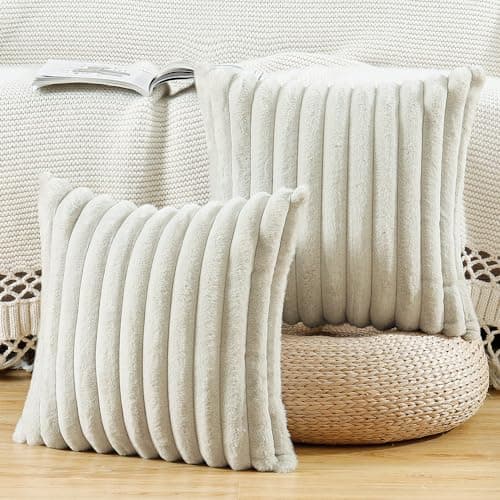 Image of Madizz Set of 2 Faux Fur Decorative Cushion Covers 22x22 inch, 55x55 cm, Greyish White Soft Couch Throw Pillows for Bed Modern Pillowcases for Sofa Livingroom Home Decor
