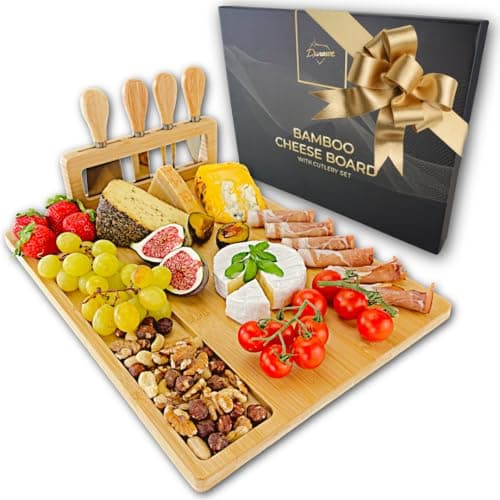 Image of Bamboo Cheese Board and Knife Set - 100% Natural Wood Serving Tray Charcuterie Board Perfect Choice for Gourmets, Birthday Presents, Wedding Gift Set, Mothers & Housewarming Wooden Chopping Board Set