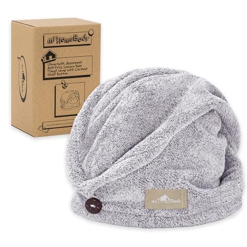 Image of myHomeBody Hair Towel Wrap, Luxury Rapid-Dry Hair-Drying Turban, Ultra Soft and Quick Drying Absorbent Charcoal Fiber, with Coconut Shell Button - Gray