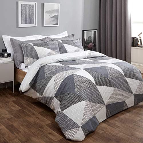 Image of Dreamscene Geometric Duvet Cover with Pillowcases Textured Scandi Bedding Set, Black Charcoal Silver Grey -3 pieces King Size