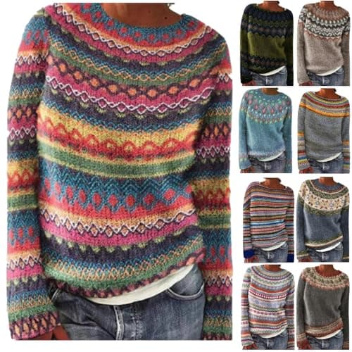 Image of SDERG Fair Isle Jumpers for Women - Cream Wool Jumpers with Crew Neck & Soft Warm Classy Nordic Knitwear - Women's Plus Size Christmas Sweaters - Long Sleeve Fair Islejumper
