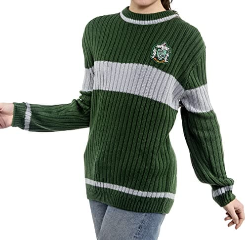 Image of Harry Potter Slytherin Quidditch Jumper: Hogwarts House Slytherin Quidditch Uniform Replica Rib Stitch Knitted Crew Neck Jumper for Men and Women (M)