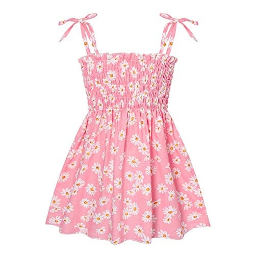 Image of Toddler Girls Summer Slip Dresses Cute Floral Print Kids Pleated Beach Dress Flowy Spaghetti Straps A Line Swing Smocked Skirts Holiday Birthday Party (Pink, 5-6 Years)