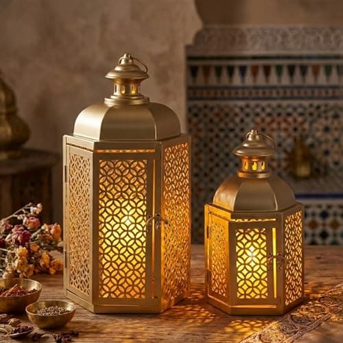 Image of JHY DESIGN Set of 2 Vintage Lanterns 38cm and 28cm Height Moroccan Decorative Candle Lanterns for Ramadan Garden Porch Shelf Indoor Outdoor Parties Weddings Events Gold