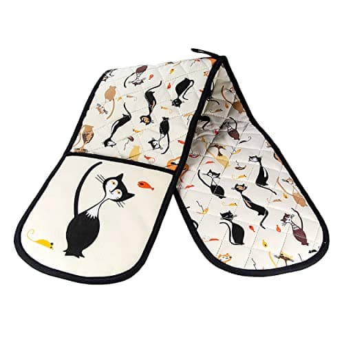 Image of SPOTTED DOG GIFT COMPANY Double Oven Gloves Heat Resistant Oven Gloves, Mitts Potholder for Home Cooking & Baking, Black Cat Themed Kitchen Accessories Gifts for Cat Lovers Women Men