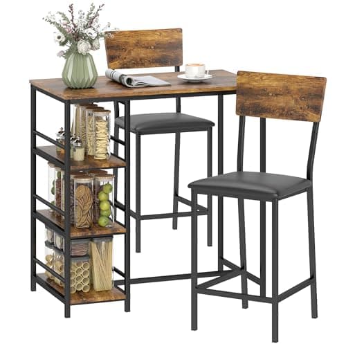 Image of HOMCOM 3 Piece Breakfast Bar Table Set, Space Saving Bar Table and PU Leather Stools for 2, Dining Table Set with Storage Shelves, Rustic Brown