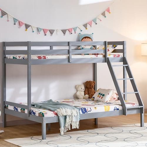 Image of Vida Designs Sydney Triple Sleeper Bunk Bed Frame with Ladder | Grey | Solid Pine Wood | 3ft & 4ft6 | Versatile Design Sleeps 3+ People | Safety Guardrails | Bedroom Furniture for Children