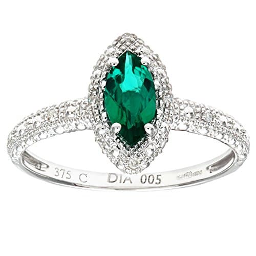 Image of Naava Women's 9 ct White Gold Round Brilliant Cut Created Marquise Emerald and Diamond Cluster Ring, Size N