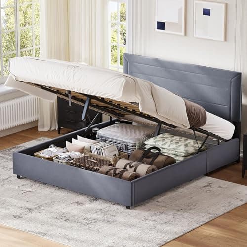Image of Besbed 4ft6 Double Bed Frame, Upholstered Double Bed 135 x 190cm, Ottoman Hydraulic Storage Bed with Large Storage Space, Velvet, Grey, No Mattress