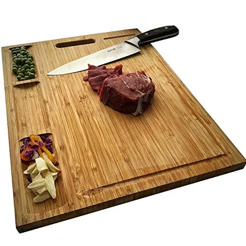 Image of NIUXX Organic Bamboo Cutting Board for Kitchen, Reversible Chopping Board with 3 Built-in Compartments and Juice Grooves, Large Chopping Tray 43 x 32 x 2 cm, Meats Vegetable Bread Fruits Board