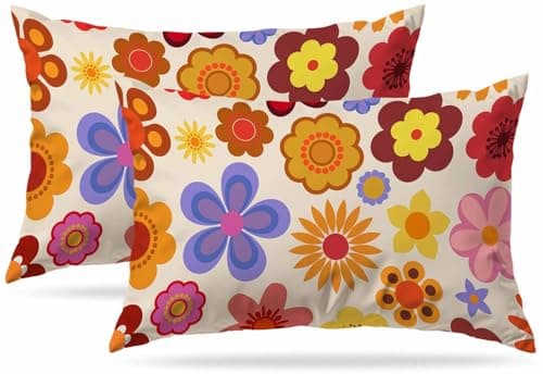 Image of Zovinex Decorative Soft Short Plush 2 Pack Cushion Covers 30 x 50 cm Rectangular Vintage Flowers 60S 70S Orange Hippie Psychedelic Throw Pillow Covers for Garden Patio Living Room Couch Sofa