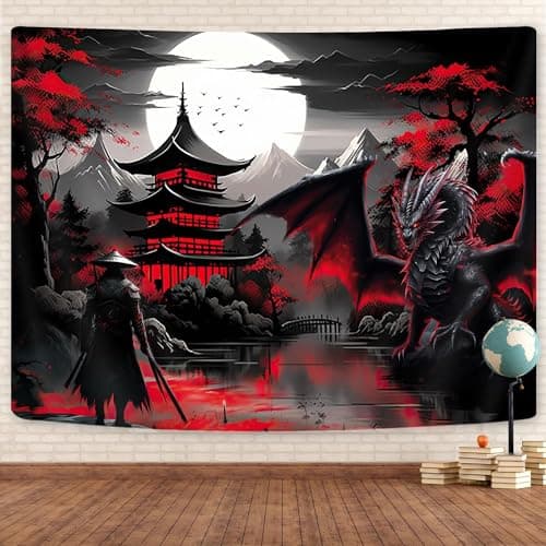 Image of FENDROM Anime Samurai Tapestry, Cool Red and Black Medieval Fantasy Dragon Tapestry Wall Hanging for Men, Mountain Forest Nature Sunset Dark Asia Japanese Tapestries Aesthetic for Living Room College