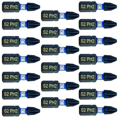 Image of 20 x Rennie Tools 25mm Long PH2 Impact Screwdriver Driver Bits Set. Phillips No.2 Heavy Duty Impact Driver Bit Set. PH2 Bits. Hex Shank Cross Head