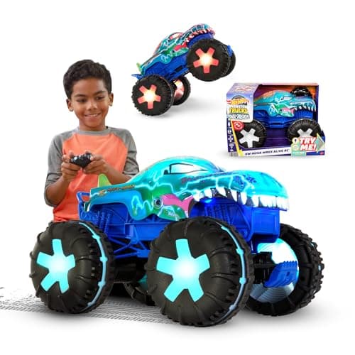 Image of Hot Wheels Monster Trucks Remote Control Car, 1:15 Scale Mega-Wrex Alive Battery-Powered RC Vehicle with Lights & Sounds, JBD90