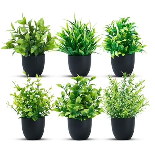 Image of Laelfe 6 Packs Small Fake Plants in Black Pots, Mini Artificial Plants Faux Greenery Plastic Eucalyptus Plants for Bathroom Home Bedroom Living Room Office Desk Decorations
