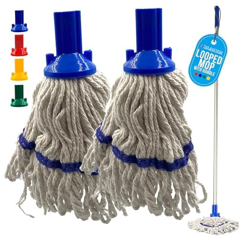 Image of Commercial Mops for Cleaning Floors with Mop Handle - Looped Cotton Mop Heads with Absorbent Yarn, 120cm Heavy Duty Aluminium Handle, Floor Color Coded Hygiene Cleaning Head Pack of 2 - Blue
