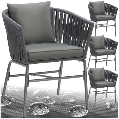 Image of tectake® Set of 4 Garden Chairs in Modern Rope Design with Thick Cushions, Armchair Set with Sturdy Steel Frame & Water-Repellent Covers, Ideal Patio, Balcony & Garden Furniture Set - Dark Grey