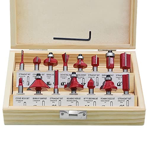 Image of 1/4 inch Router Bit Set, 15pcs 6.35mm Shank Tungsten Carbide Tipped Router Bit Set with Wooden Box, Double Flute Wood Milling Saw Cutter, for Handwork and DIY
