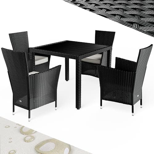 Image of CASARIA® 4+1 Poly Rattan Outdoor Dining Furniture Set | 4 Stackable Armchairs with Cushions | 90x90cm Dining Table with WPC Top | Weatherproof Outdoor Patio Seating Group | Black