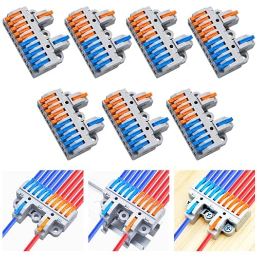 Image of Dujelixa 2-in-10-out Terminal Block Kit (7 Pack), Lever Wire Connectors for Extensive Splicing, Dual Input to Ten Output, DIN Rail & Screw Mount, 28-12AWG, Hardware Included