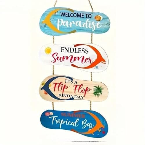 Image of Garden Sign Nautical Wooden Beach Flip Flop Wall Ornament, Welcome Paradise, SummerWooden Slippers Garden Hanging Decoration Ocean Home Decor for Wall and Door, White, Blue