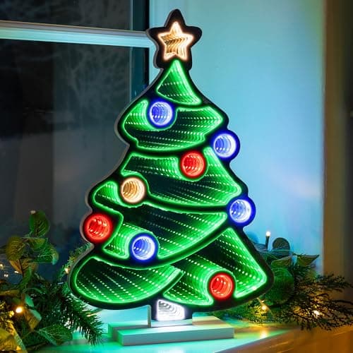 Image of CHRISTOW Christmas Tree Infinity Light, LED Mirror Tunnel 3D Effect Decoration with Wooden Base, Indoor Home Lighting, Windowsill Mantelpiece Table Lamp, Mains Operated (H40cm x W26.7cm x D2cm)