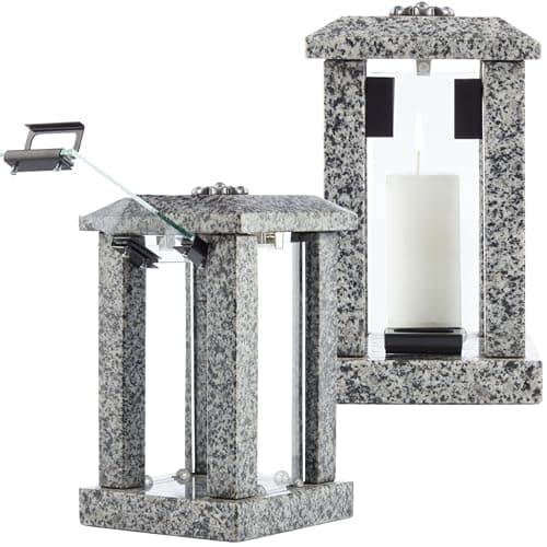 Image of Large Granite Candle Lantern With Flower Decor – H 22.6" (32cm) Polished Grey Stone - Heavy & Elegant Indoor or Outdoor Lantern, Versatile Use for Garden, Terrace, or Home - Square Modern Design