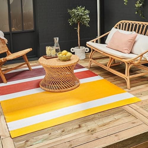 Image of THE RUGS Rainbow Collection Outdoor Rug - Easy to Clean, Waterproof Plastic Outdoor Rugs for Garden, Patio, Balcony, Camping - Vibrant Plastic Straw Rug - Striped Yellow/Brown, 120x160
