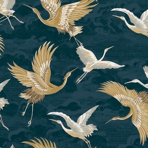 Image of Sublime Kranes Floral Petrol Blue Wallpaper - Paste The Wall - Navy & Gold Wallpaper - Contemporary Patterned Cranes Textured Vinyl Design - Perfect for Most Rooms - Feature or 4 Wall Design