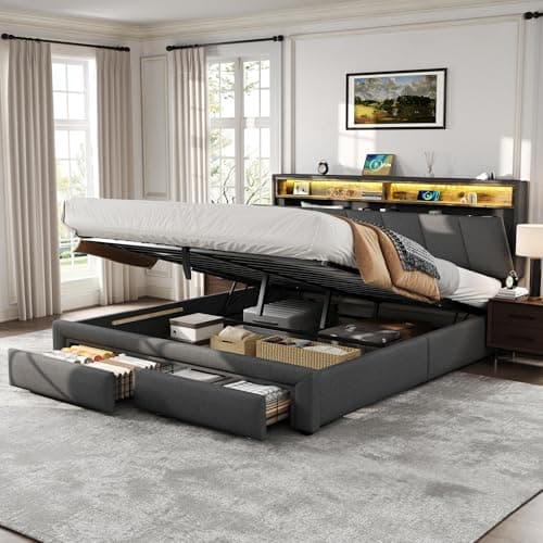Image of 5ft King Size Ottoman Bed with Hydraulic Lift&Drawers&LED Adjustable Concealed Storage Headboard, Linen Functional Upholstered Bed Frame with Charging Station, Gas Lift Storage Bed, No Mattress, Grey