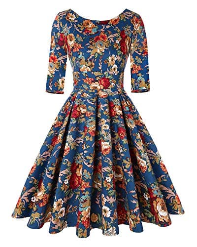 Image of MINTLIMIT Women Vintage Floral Cocktail Dress Short Sleeve Retro Tea Dress Vintage Dress (Floral Navy Blue,Size M)