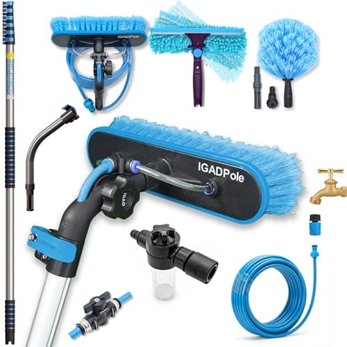 Image of 30ft IGADPole Washing Kit: Water-fed Brush, Cobweb Duster and 10”(25cm) Squeegee and Soap Dispenser, with 6-stage Telescoping Pole 6-30ft Pole (9m)