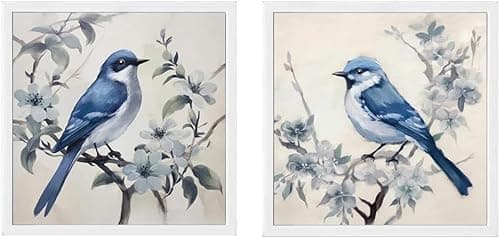 Image of XMMPOT Bird Pictures Wall Decor white Framed Blue Bird Pictures Wall Decor Set of 2 Pictures (12"X12"X 2 Panel) unframed