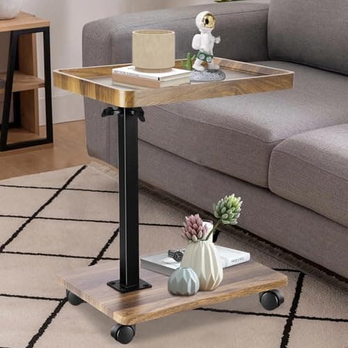 Image of Turmegtt C Shaped Side Table, 360° Rotating C Table Height Adjustable (45-80cm), Adjustable Side Table With Castors, as Storage Space for Sofa, Brown