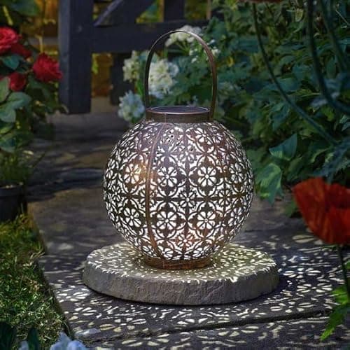 Image of Marco Paul Solar Powered LED Lantern Outdoor Garden Light Round Decorative Moroccan Style Hanging Lantern Warm White Waterproof Metal Table Lamp for Patio, Pathway, Lawn, Balcony & Outdoor Decor