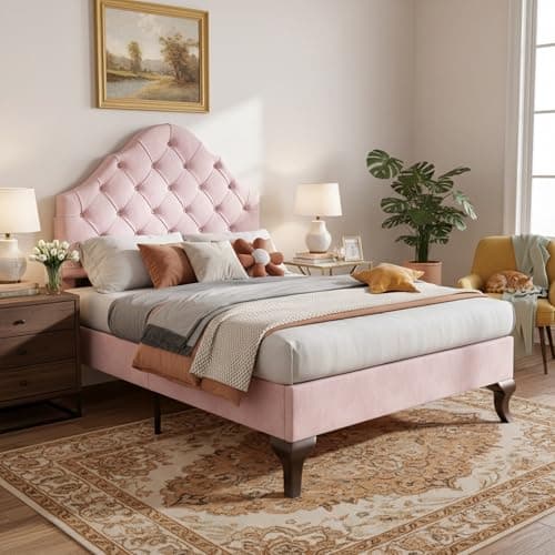 Image of Merax Upholstered Bed Single Bed Height-Adjustable Headboard with Slatted Frame - Youth Single Bed in Velvet Pink (90 * 190CM)