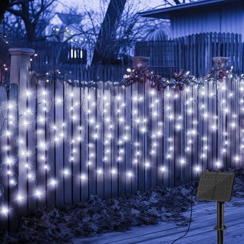 Image of Gcstnn Solar Fence Fairy Lights Outdoor, 4Mx1M 200 LEDs Solar Curtain Icicle String Lights Green Wire, 8 Modes IP65 Waterproof, for Garden Patio Gazebo Fence Window Christmas Decoration-Cool White