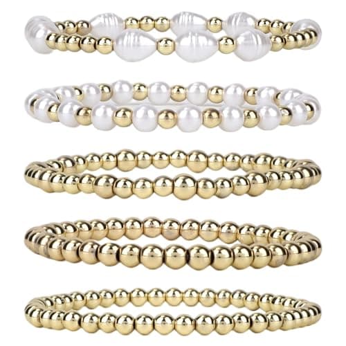 Image of Mikovivi 5pcs Gold Beaded Bracelets for Women, Gold Pearl Stretch Bracelet Stack Non Tarnish Dainty Elastic Bead Jewelry Set Trendy Stackable Boho Fashion Accessories