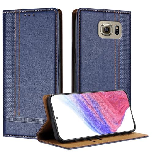 Image of Mo-Beauty for Samsung Galaxy S6 Case, Leather Flip Wallet Cover Compatible with Samsung S6 with [Card Slots] [Kickstand] [Magnetic] (Blue)